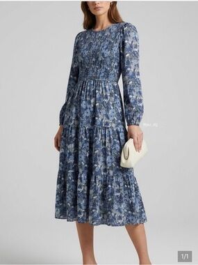 Smocked Blue Floral Puff Sleeve midi Dress by Kate and Sam